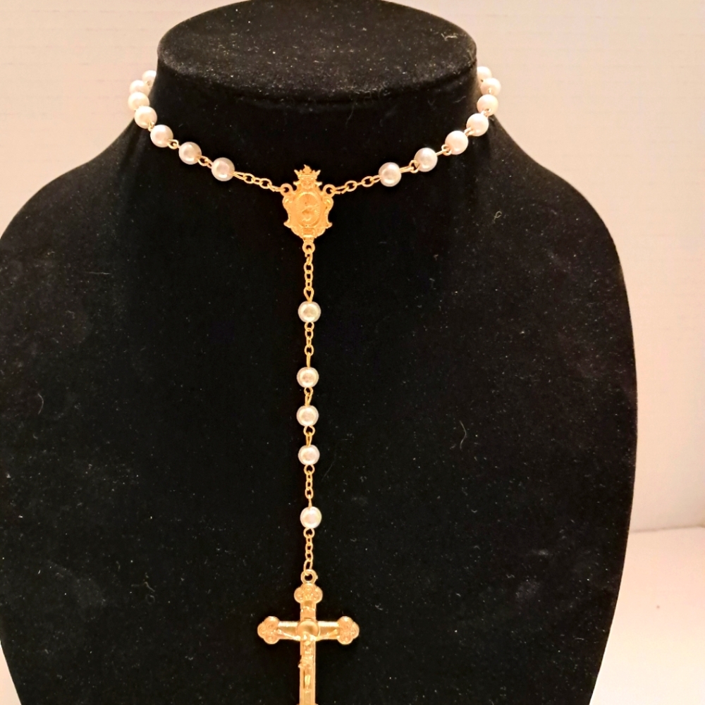 Vintage Antique Rosary Faux Pearl Beads With A Cross